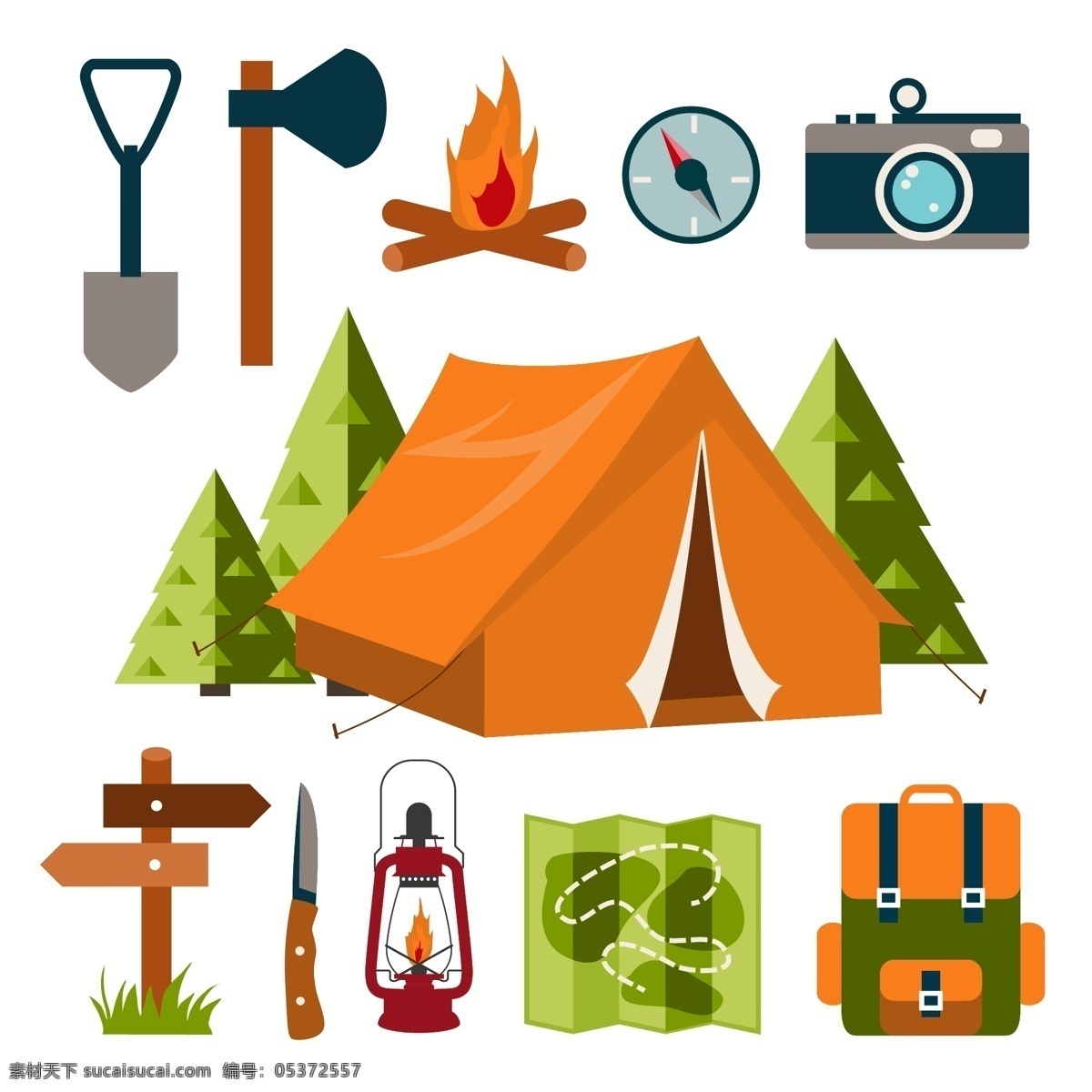 创意 趣味 露营 用品 户外 帐篷 相机 地图 篝火 背包