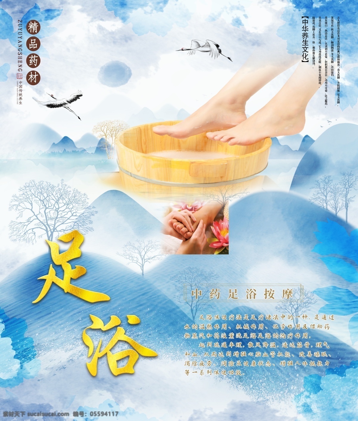 高端 養(yǎng)生 娛樂(lè)休閑 會(huì)所 燈箱 畫面 足浴 藍(lán)色背景 金色植物 中國(guó)風(fēng) 分層