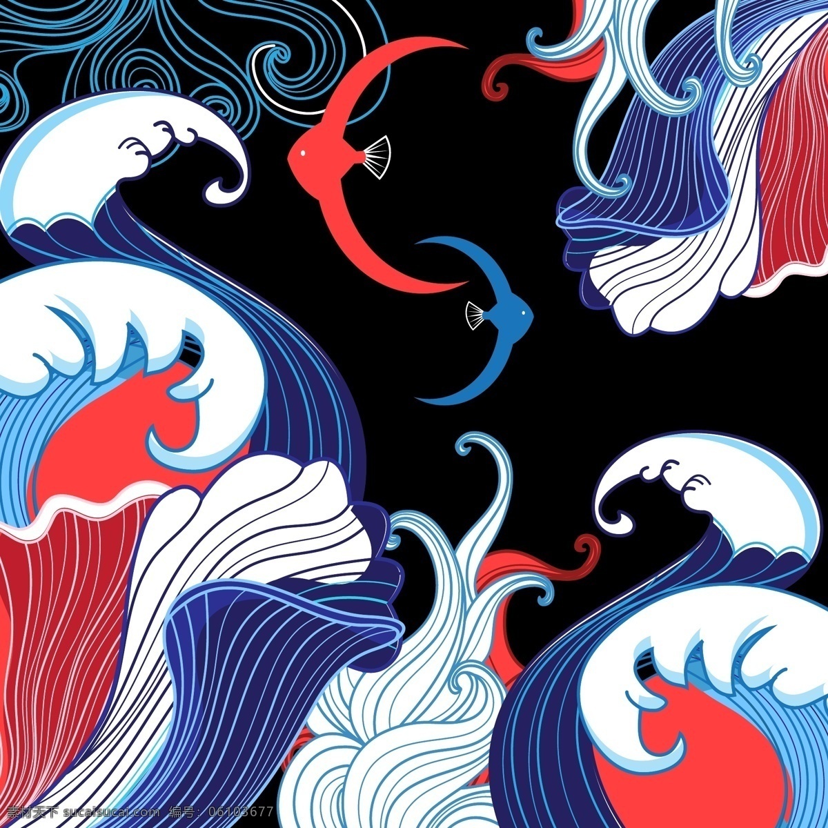 海浪 矢量圖 滿幅 局部圖案 民族風 中國風 印花 家紡 民俗 民俗花紋 暗黑 羽毛 數碼印花 服裝設計