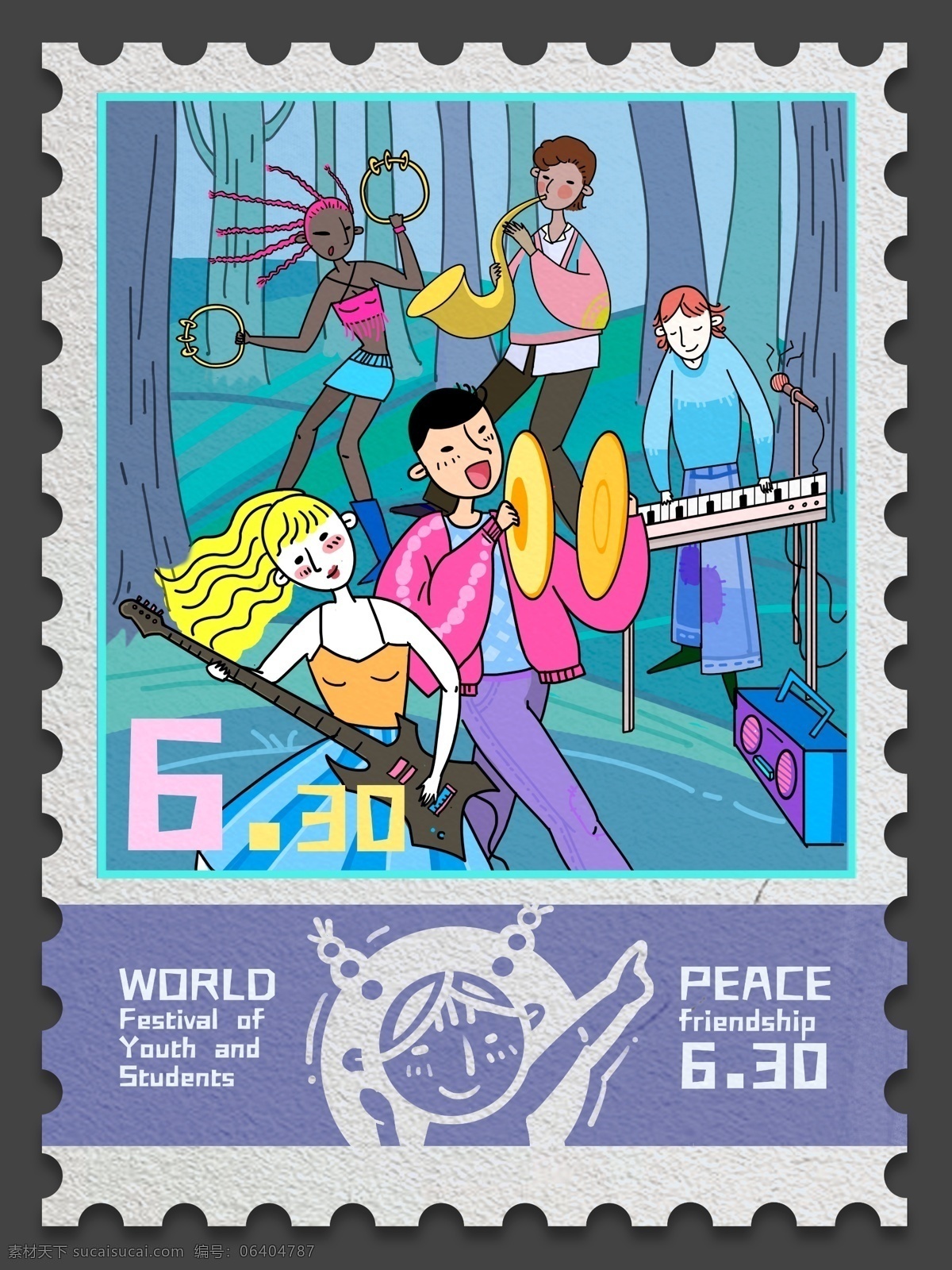 世界 青年 联欢节 邮票 创意 手绘 插画 logo 女孩 男孩 琴 乐器 大号 萨克斯 电吉他 摇铃 歌舞 跳舞 节日 六月30 年轻 狂欢 音乐 自由 和平 反战