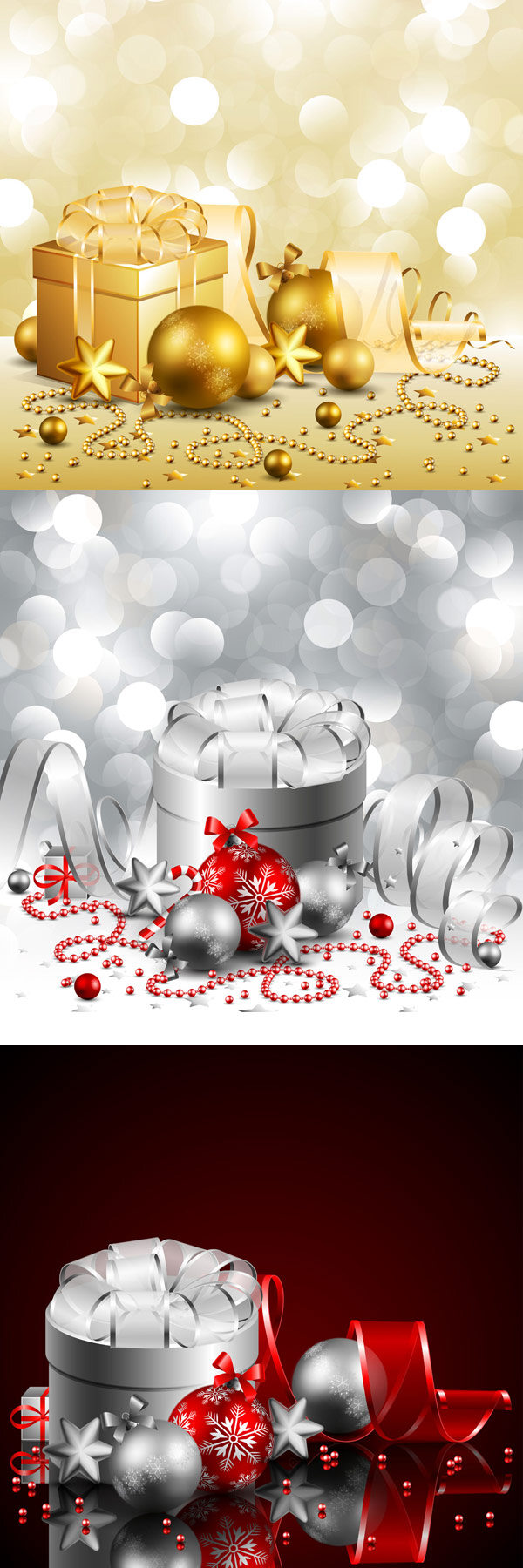 圣诞节 礼盒 彩球 矢量 丝带 珠子 红果 梦幻 白色