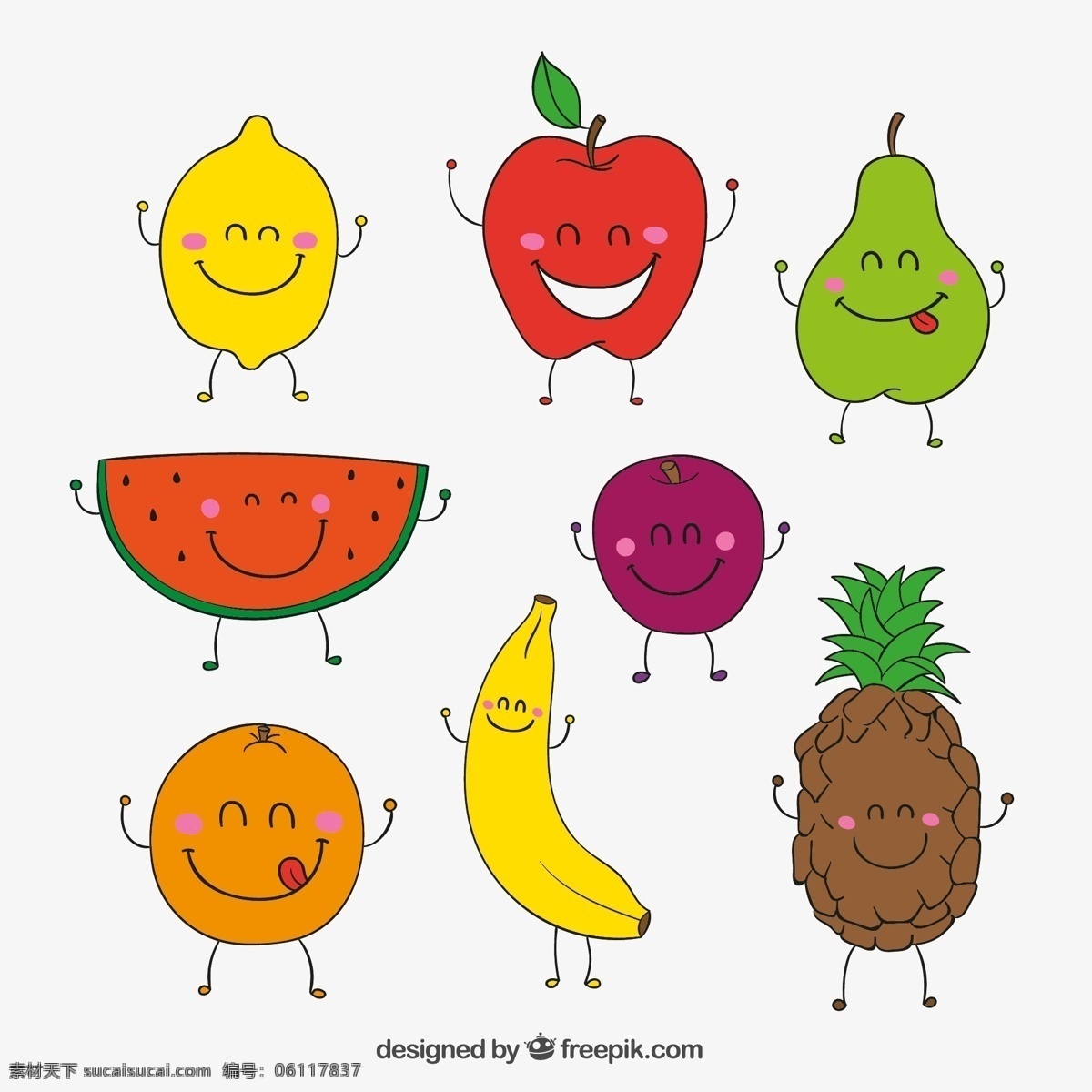 卡通 笑脸 水果 柠檬 苹果 西瓜 橙子 菠萝 矢量 高清图片