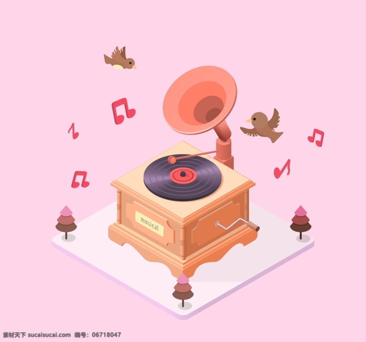 25d 留声机 立体 插画 icon 音乐盒 粉色 梦幻 少女 小鸟 音符 音乐 树 喇叭 图标 标志图标 其他图标