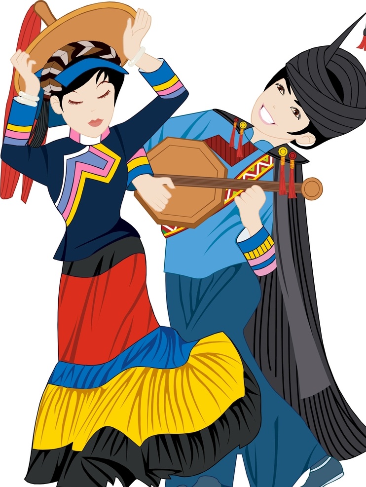 彝族 歌舞 手 绘图 漫画 人物 男女歌舞 动漫动画