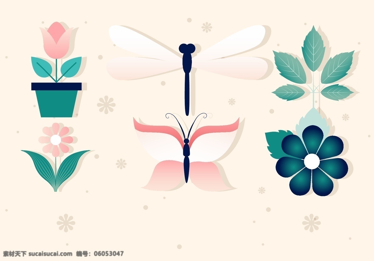 精美 彩色 春天 植物 动物 元素 花朵 叶子 蝴蝶 精致 卡通 春季 花 蜻蜓