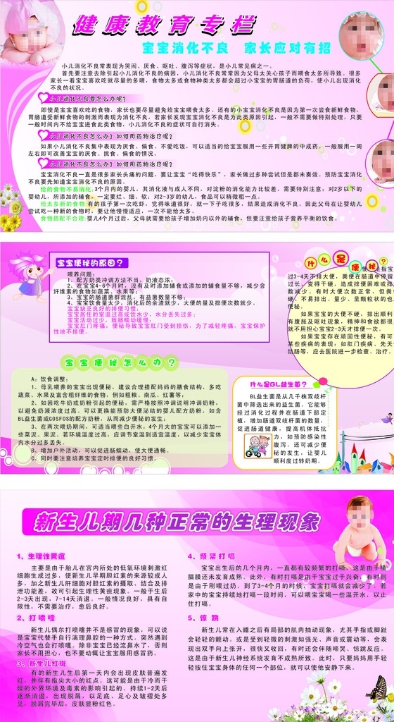 兒科展板 教育欄 可愛寶寶 嬰兒 粉色背景 新生兒 生理現(xiàn)象 什么是便秘 小兒消化不良 卡通城堡 野花 蝴蝶 展板模板