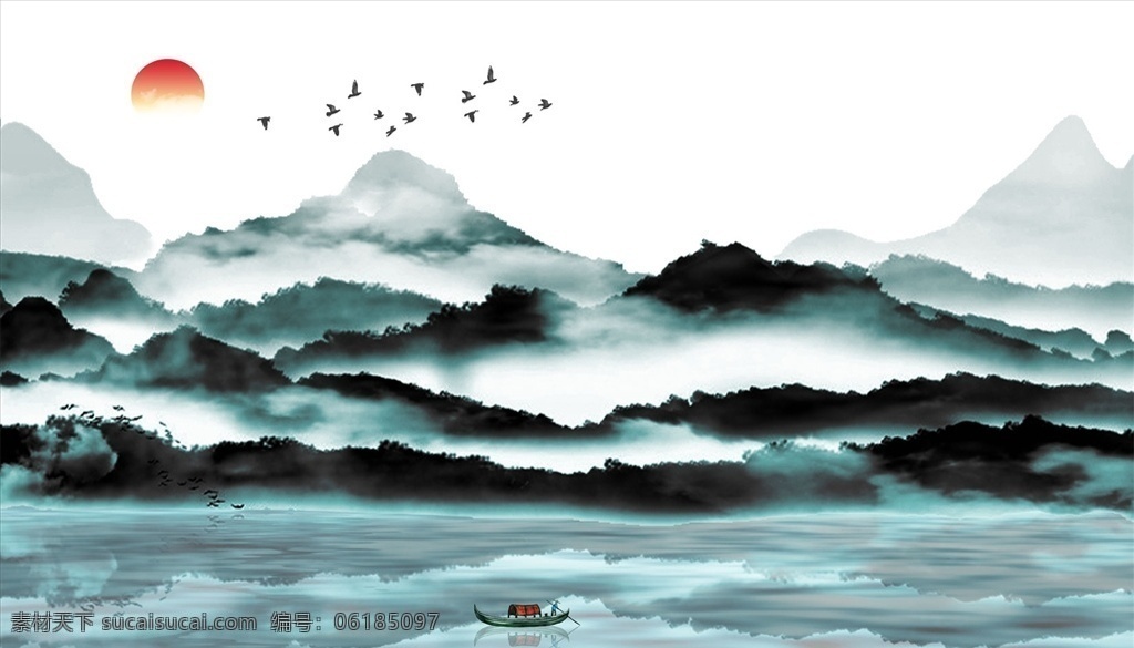 水墨山水 小船 太陽(yáng) 背景墻圖片 大雁 背景墻 電視背景墻 沙發(fā)背景墻 現(xiàn)代背景墻 意境背景墻 分層