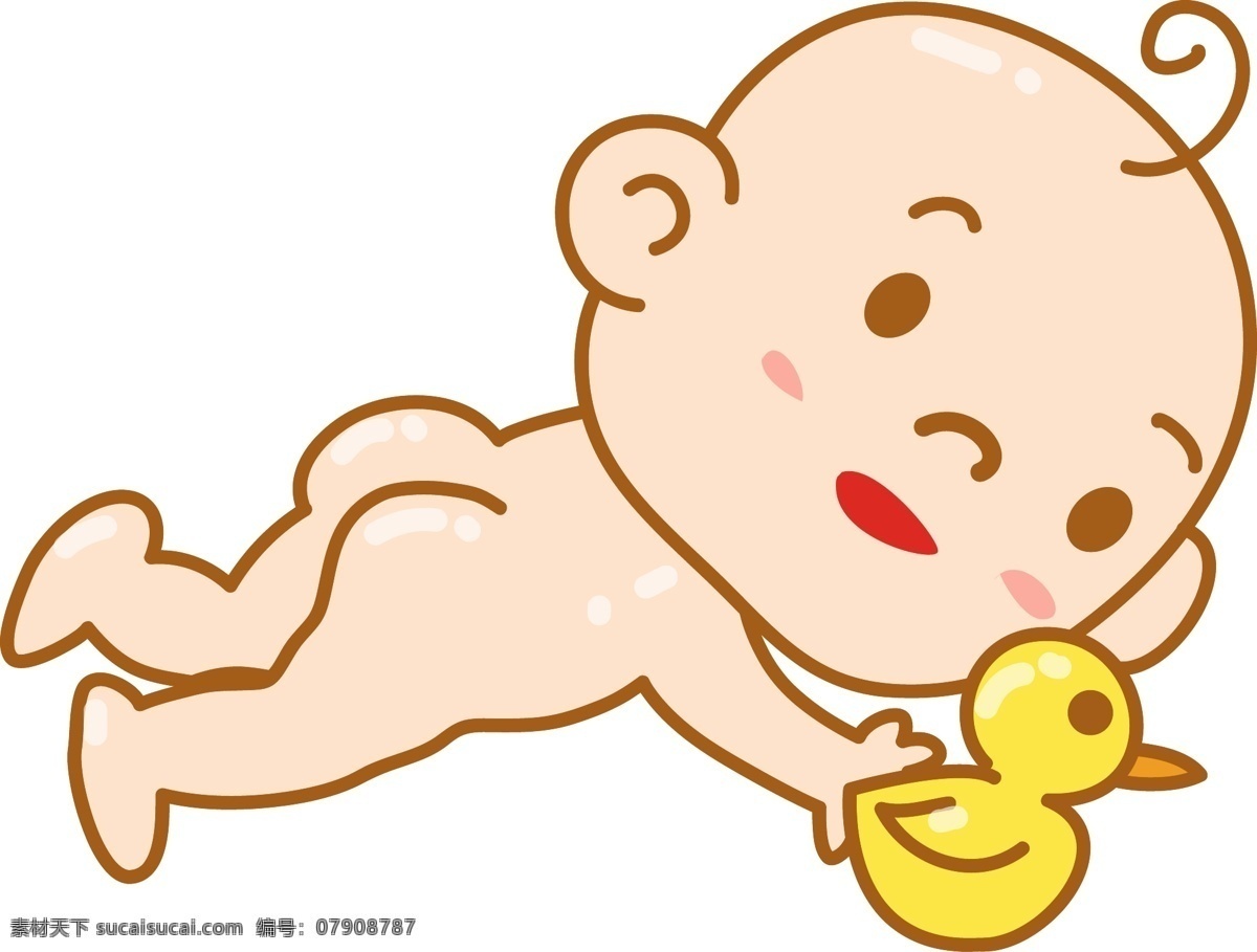 婴儿玩具 小黄 鸭 插画 趴着的婴儿 可爱的婴儿 黄色的小黄鸭 玩具小黄鸭 微笑的婴儿 开心的婴儿