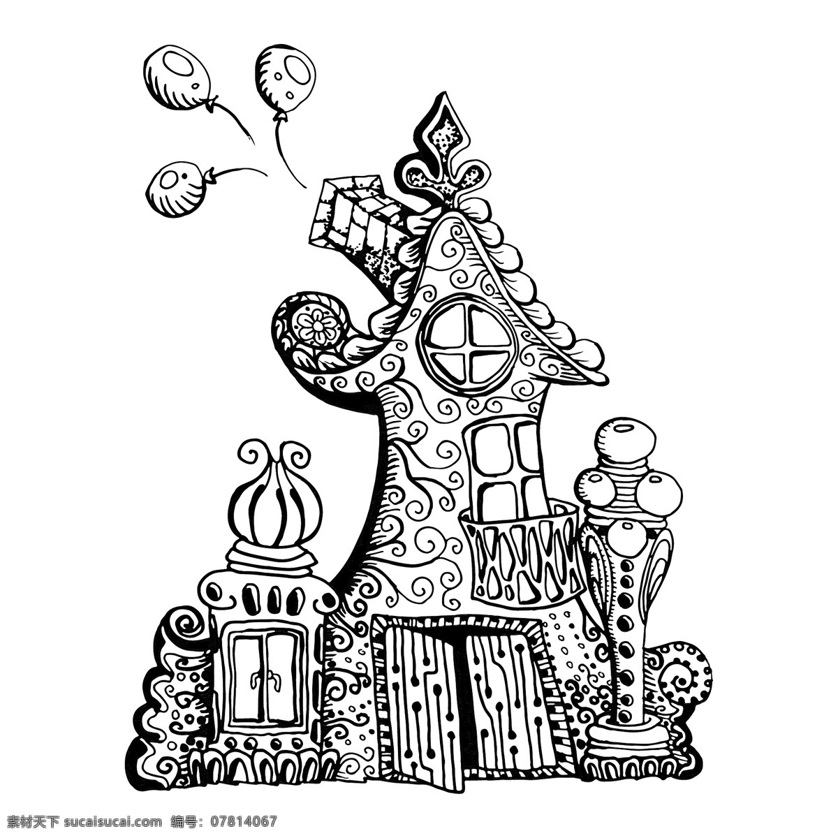 原版 手绘 涂鸦 式 仙女 屋 插图 背景 矢量 着色 绘制 乐趣 房子 手 孩子 城堡 林