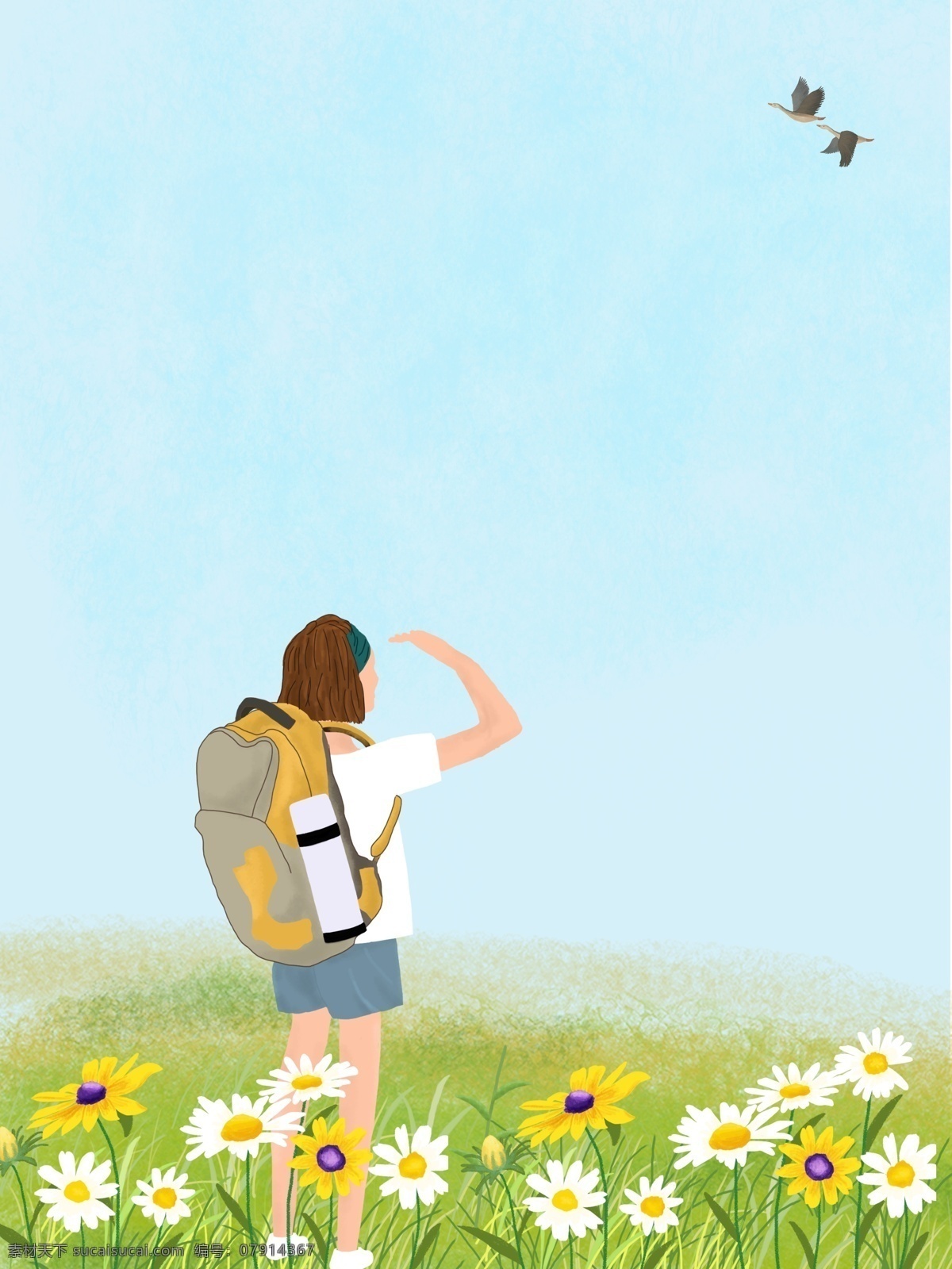 春季 徒步 旅行 女孩 背景 野花 黄花 大雁 手绘 草地