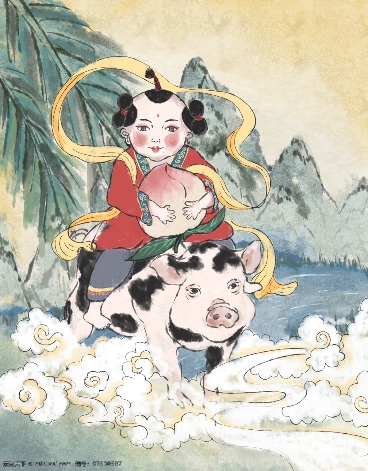 2019 猪年 画 新年 中国画 水墨 插画 水彩 装饰 猪 绘画 装饰画 年画 中华风