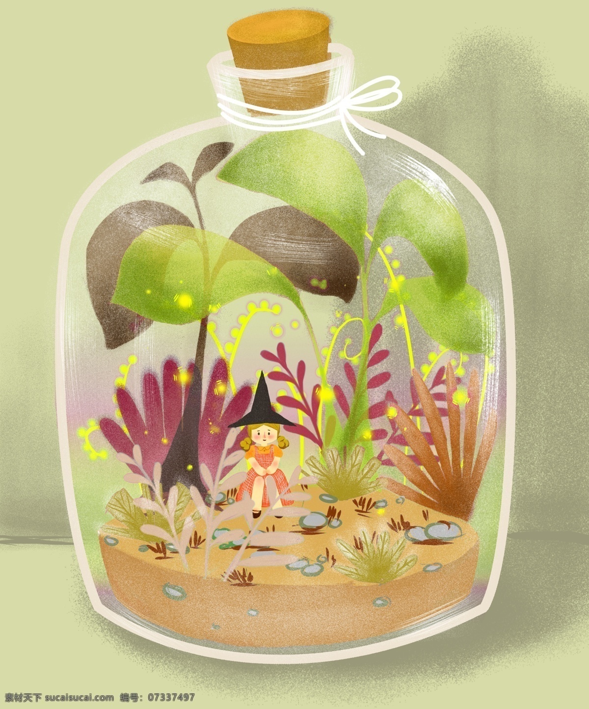 原创 手绘 扁平 风格 瓶子 女巫 插画 女孩 植物 生态瓶 魔法 幻想 奇妙 魔法瓶 自然 摆件 生活方式