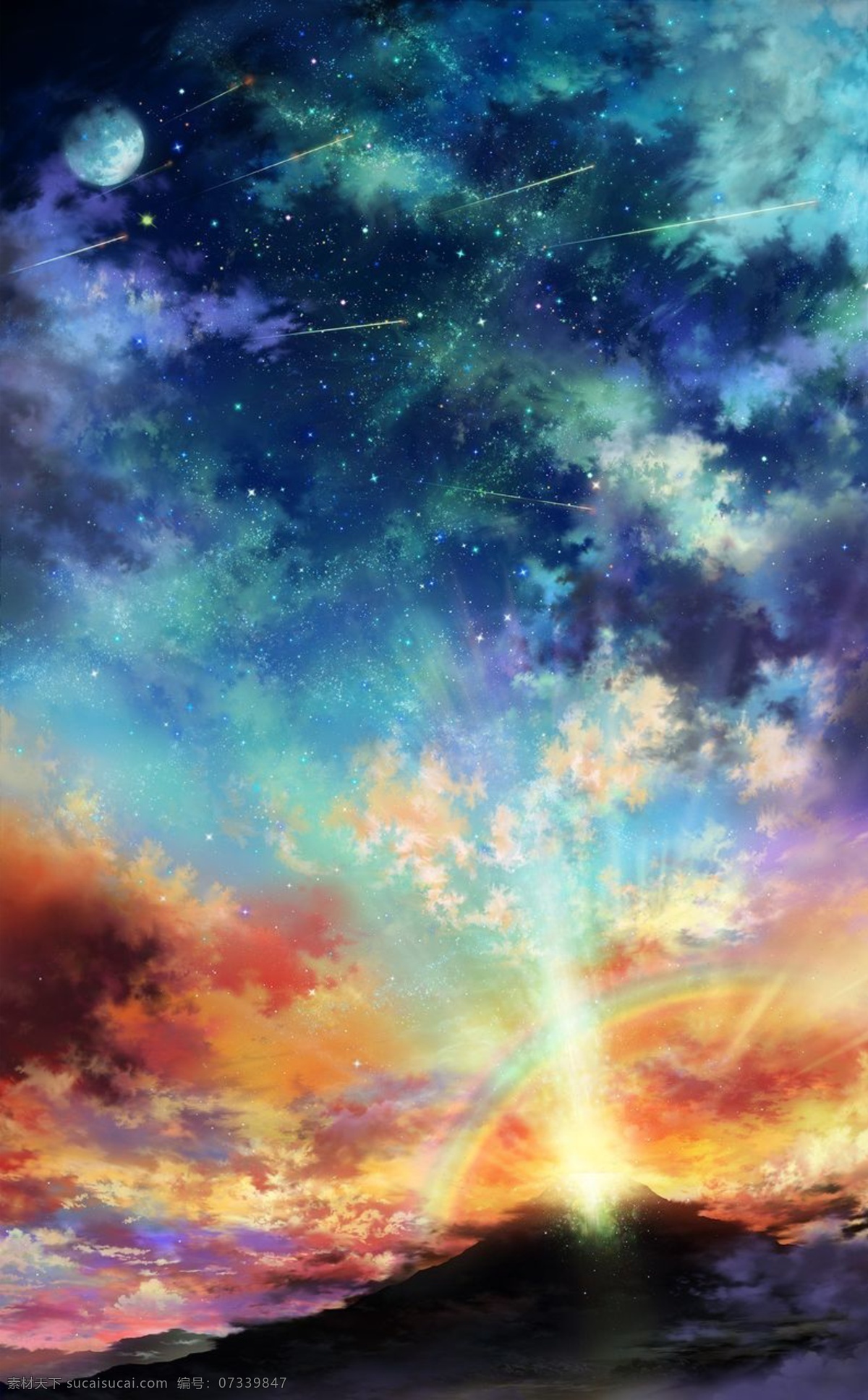浪漫 夜空 下 流星 星空 月亮 黑猫 梦幻 神秘 星空背景 星光点点 天空背景 蓝色背景 蓝色星空 美丽星空 星空插画 地产元素