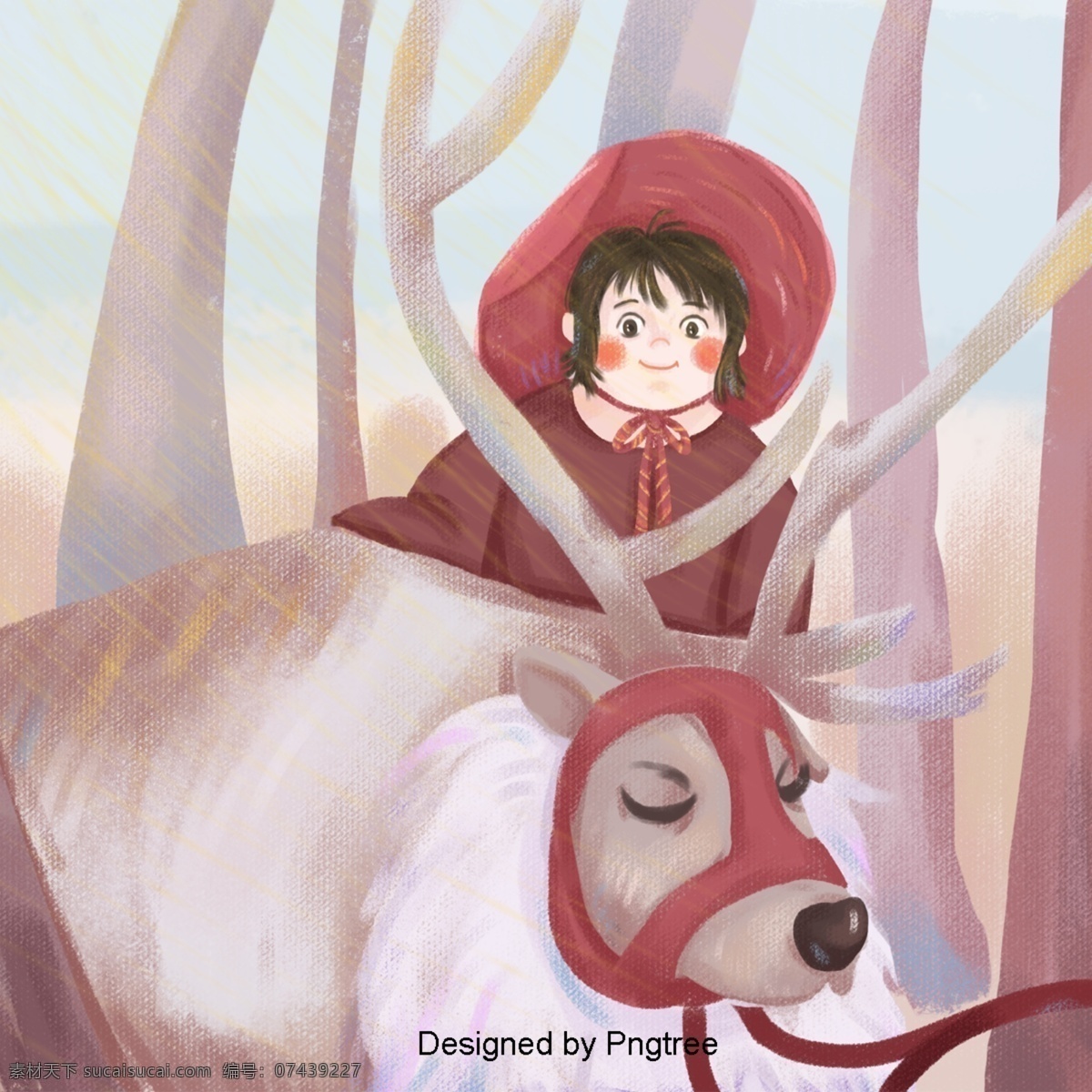 女孩 冬天 森林 背景 插图 漫画 风景 温暖 颜色 红色 帽子 鹿 小女孩 紫色 卡通