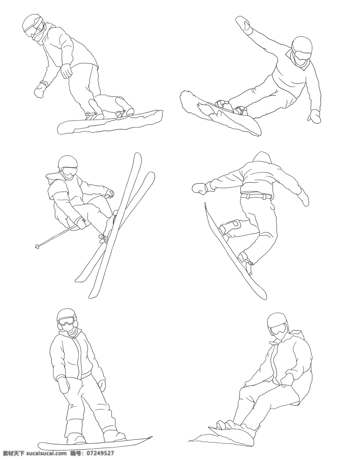 冬季 旅游 滑雪 简约 线条 剪影 插画 人物 动感 免抠图 装饰图案