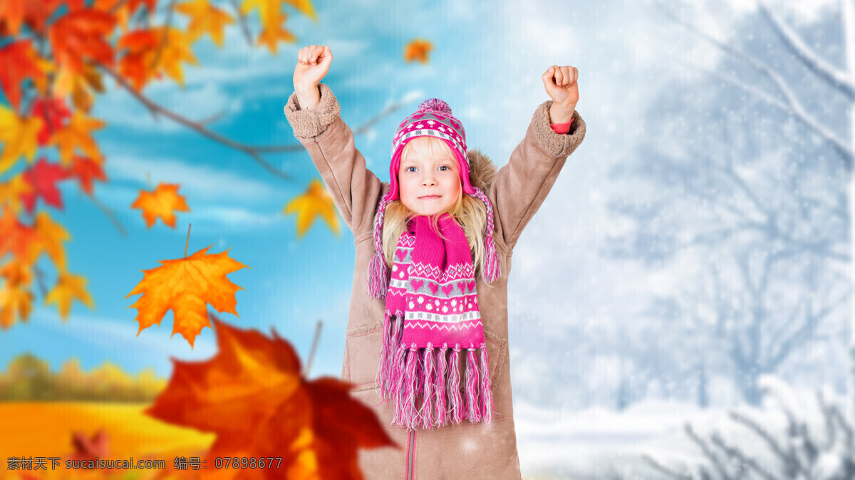 秋冬 童装 模特 女孩 秋冬季节服装 树叶 外国儿童 小女孩 童装模特 美女图片 人物图片