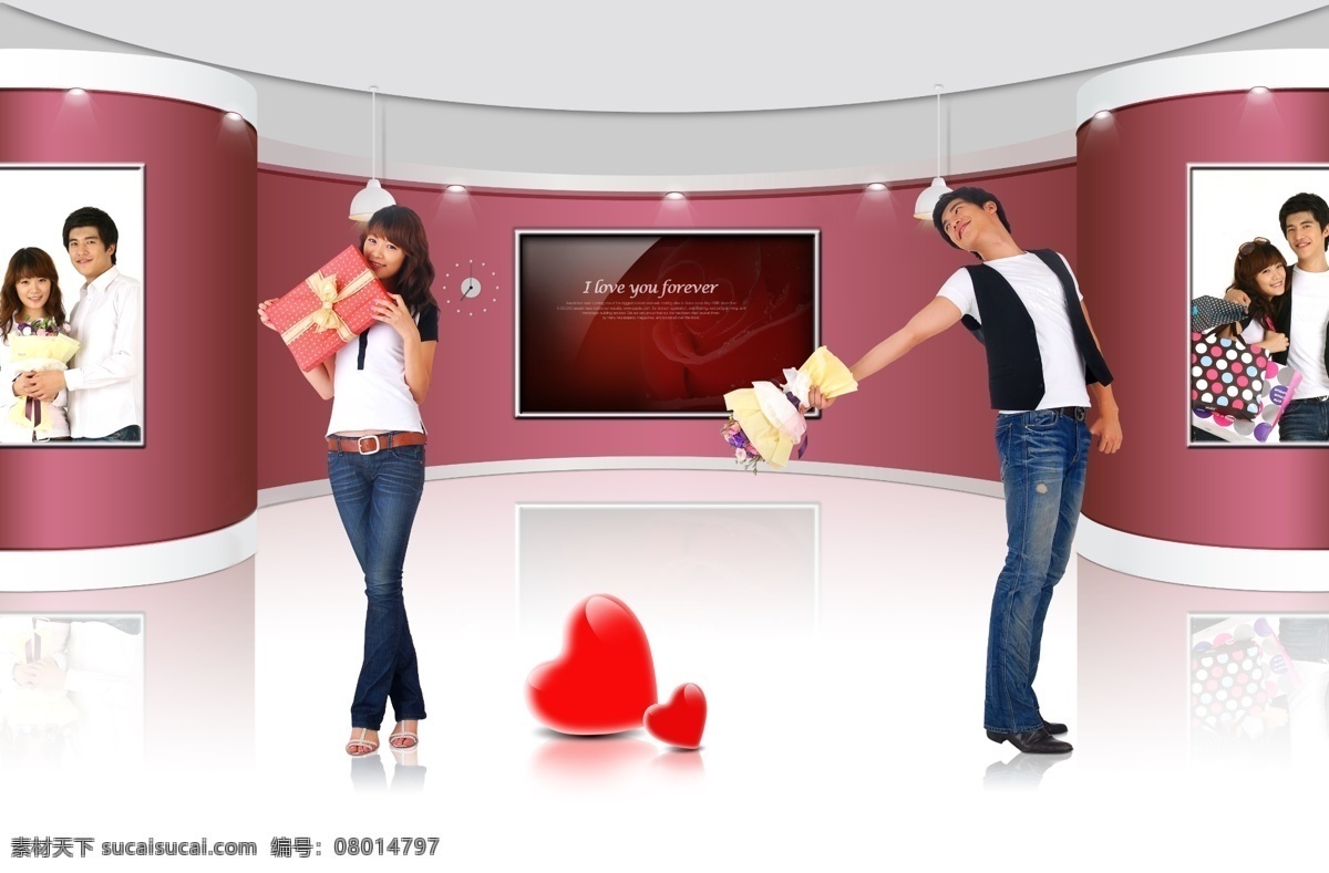 紫色 展廳 內(nèi) 情侶 psd素材 紅心 男士 女孩 psd源文件