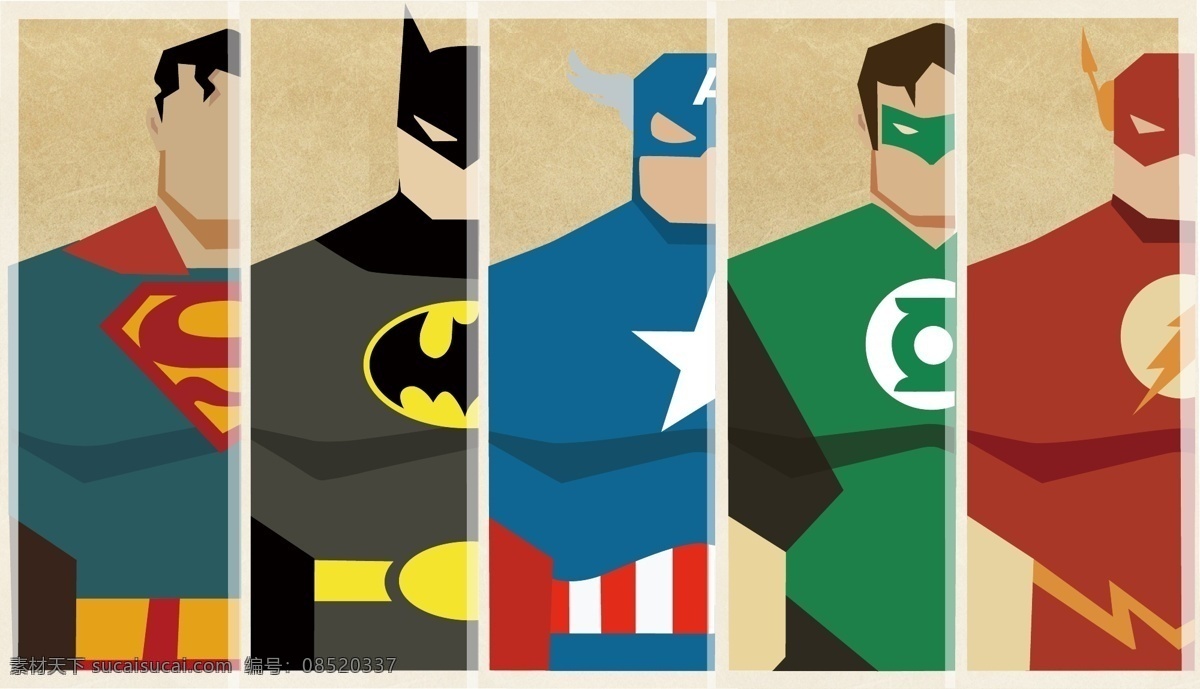 美国 经典 超级 英雄 矢量图 美国队长 蝙蝠侠 绿灯侠 闪电侠 超人 白色
