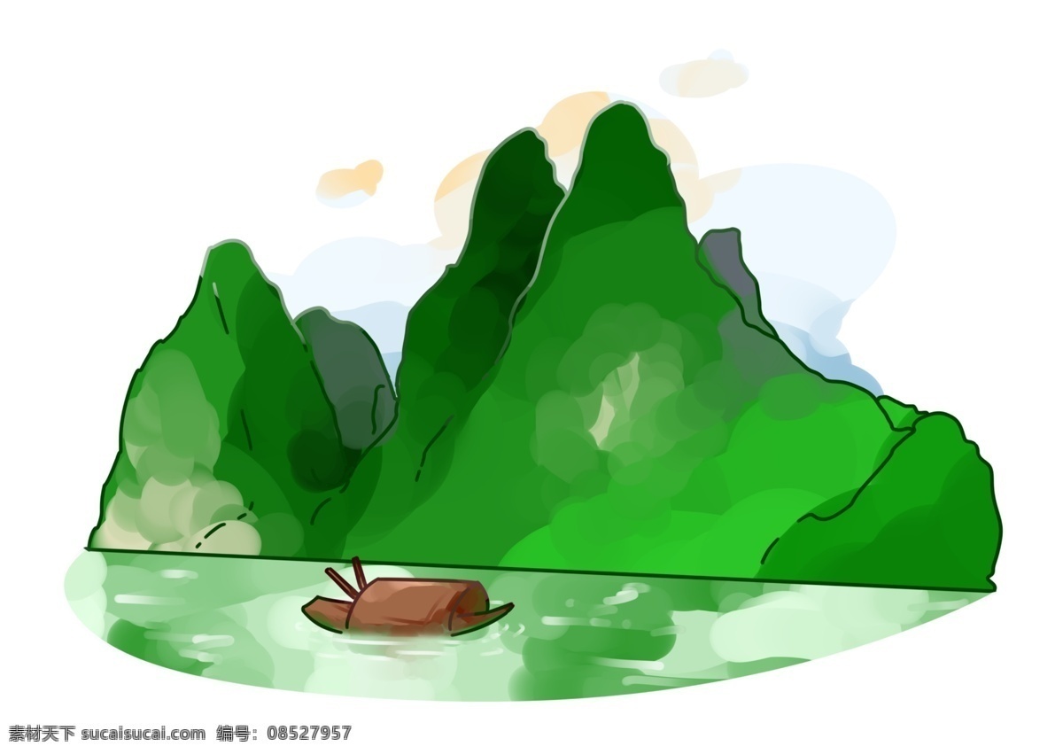 手绘 旅游 城市 丽江 插画 美丽的景色 美丽的山水 卡通插画 手绘丽江插画 绿色的大山 棕色的乌篷船