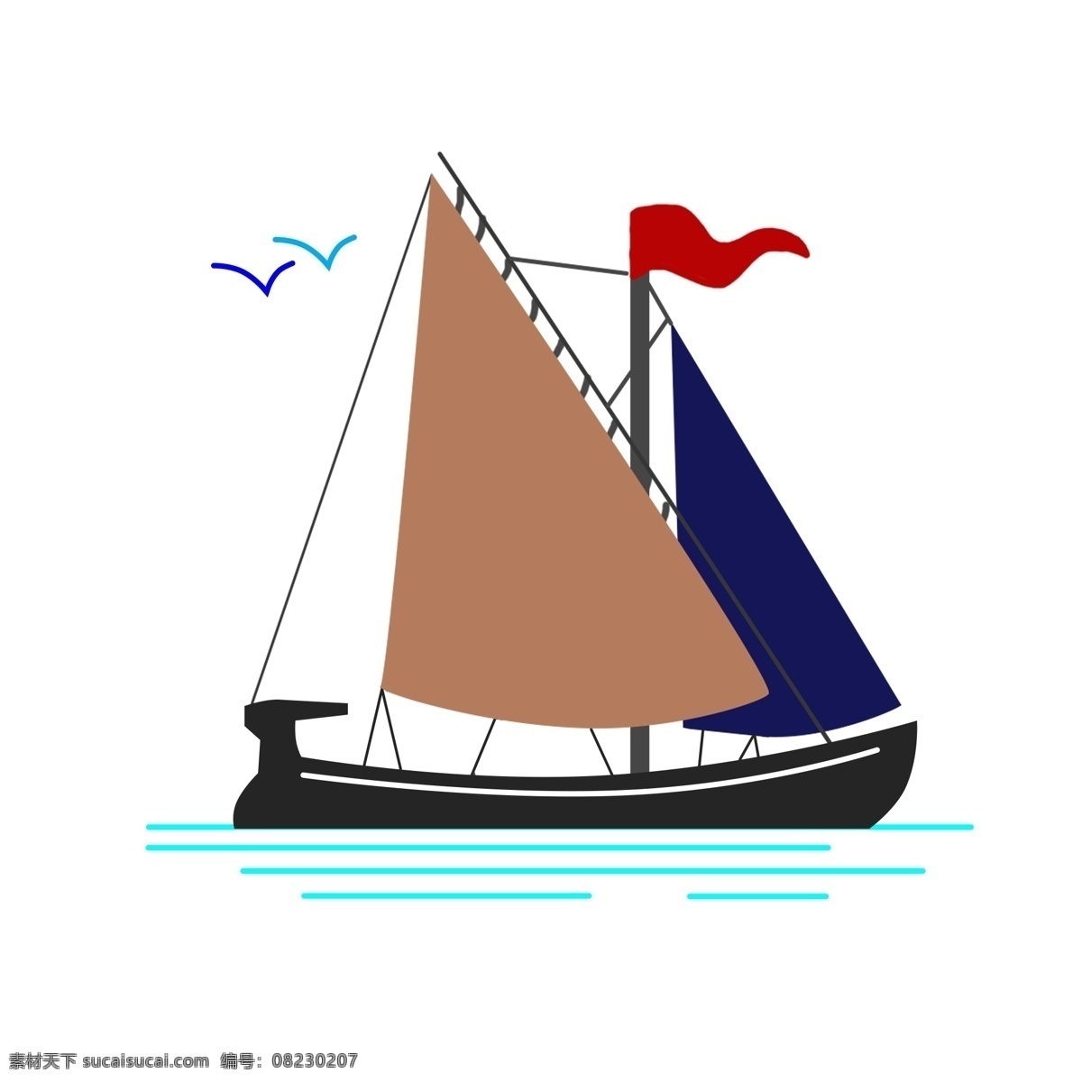 蓝色 帆船 手绘 插画 蓝色的帆船 红色的旗帜 蓝色的燕子 飞行的燕子 蓝色的海浪 交通工具 运输