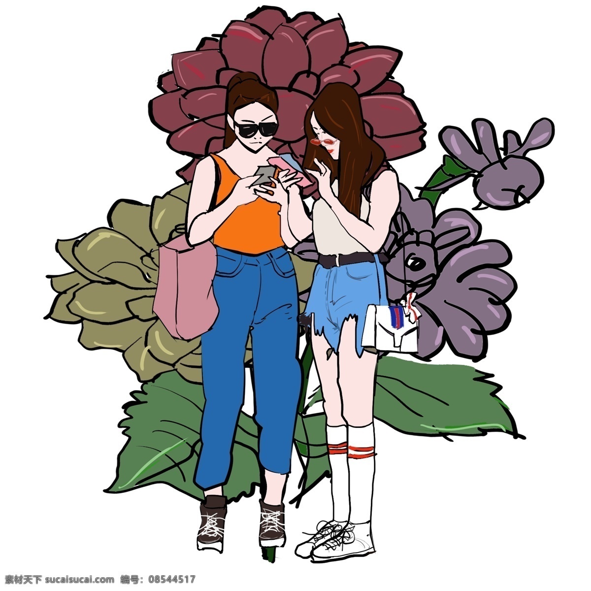 花季 少女 双人 女 青年 卡通 手绘 站立姿势 时尚女青年 橙色上衣 带墨镜 蓝色牛仔裤 手挎包 玩手机 女青年