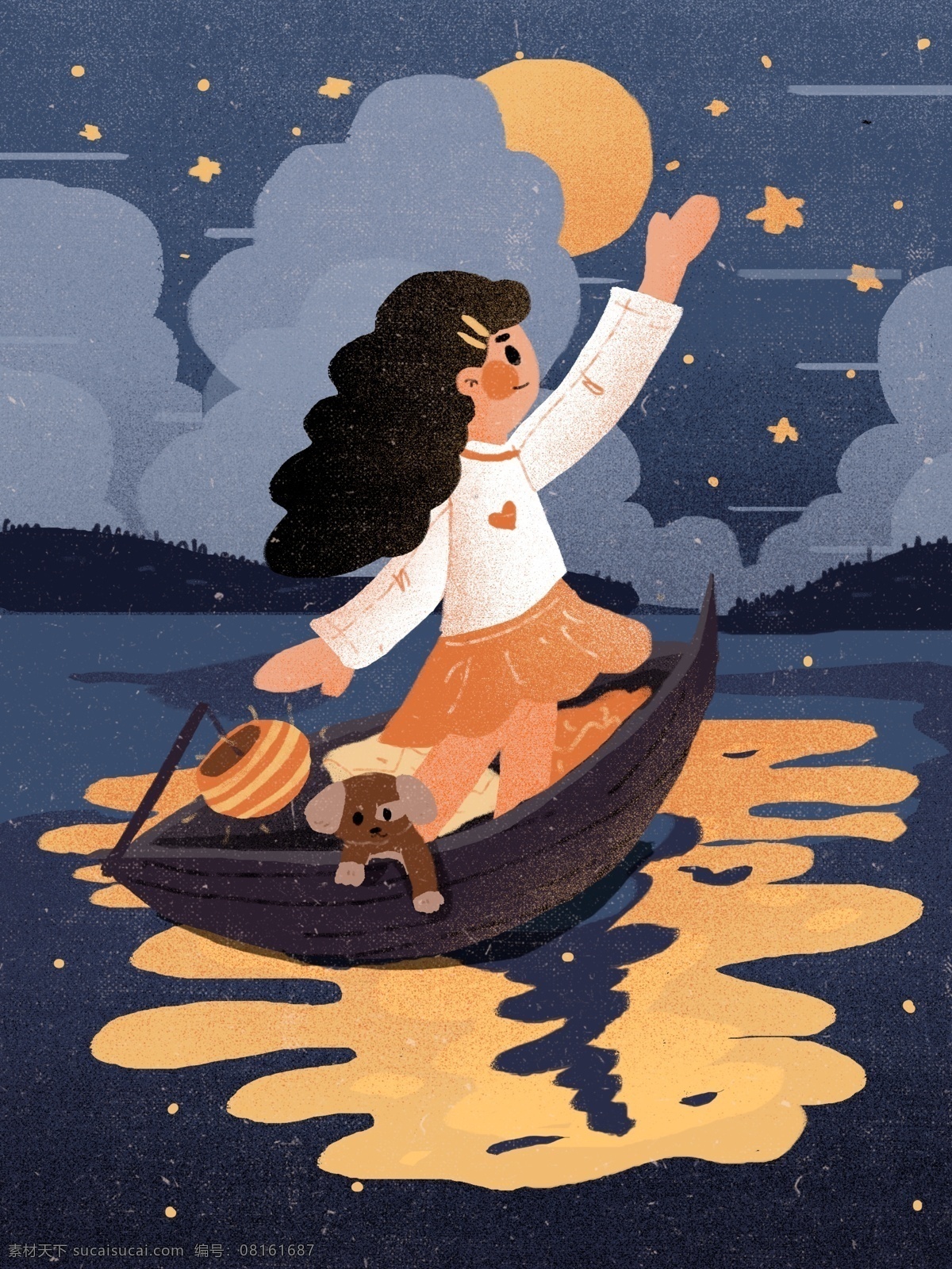 晚安 世界 梦幻 治愈 乘船 女孩 插画 宠物 月亮 旅游 少女 划船 心情