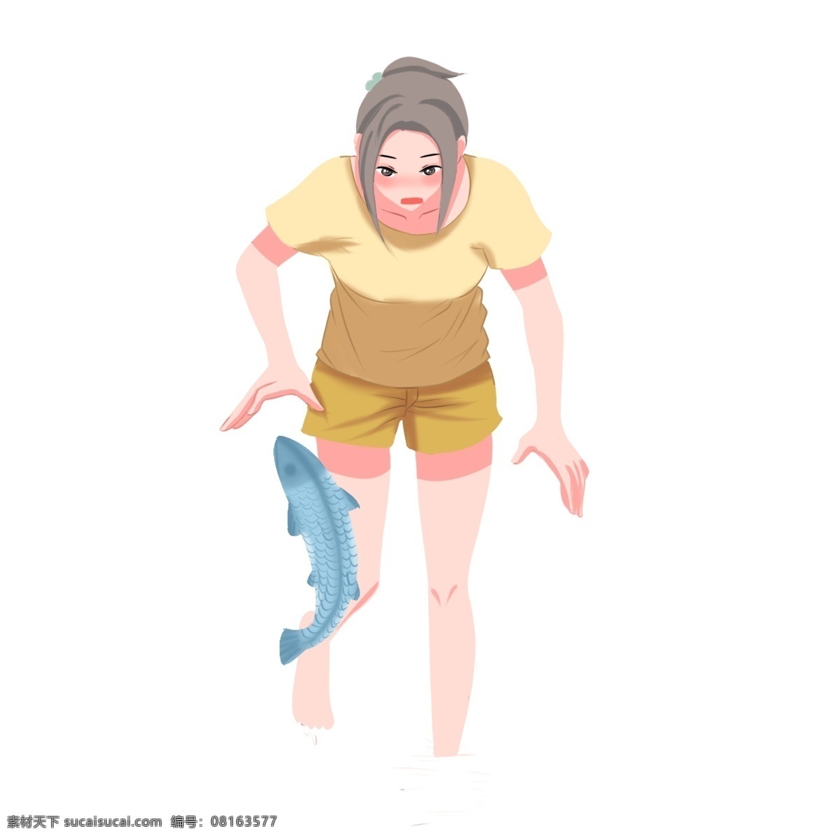 卡通 创意 夏天 抓 鱼 女人 清新 人物 女孩 女生 夏季 抓鱼