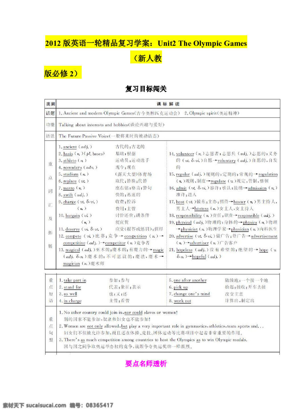 高考 專(zhuān)區(qū) 英語(yǔ) 版 學(xué) 案 unit2 the olympic games 高考專(zhuān)區(qū) 人教版 學(xué)案