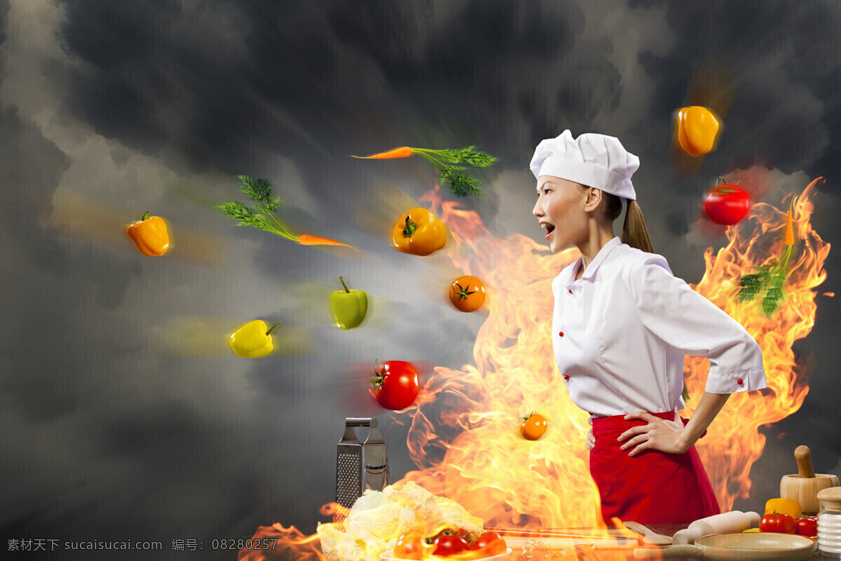 火焰 蔬菜 美女 厨师 厨师美女 厨房里的美女 火苗 新鲜蔬菜 烹饪美食 做菜 下厨的美女 番茄 辣椒 烟雾 职业女性 商务人士 人物图片