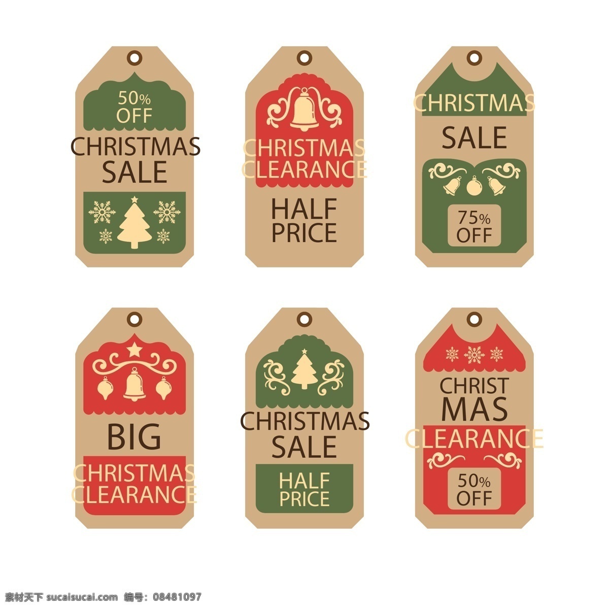 经典 英文 圣诞节 标签 绿色 促销 矢量素材 红色 圣诞树 铃铛 优惠