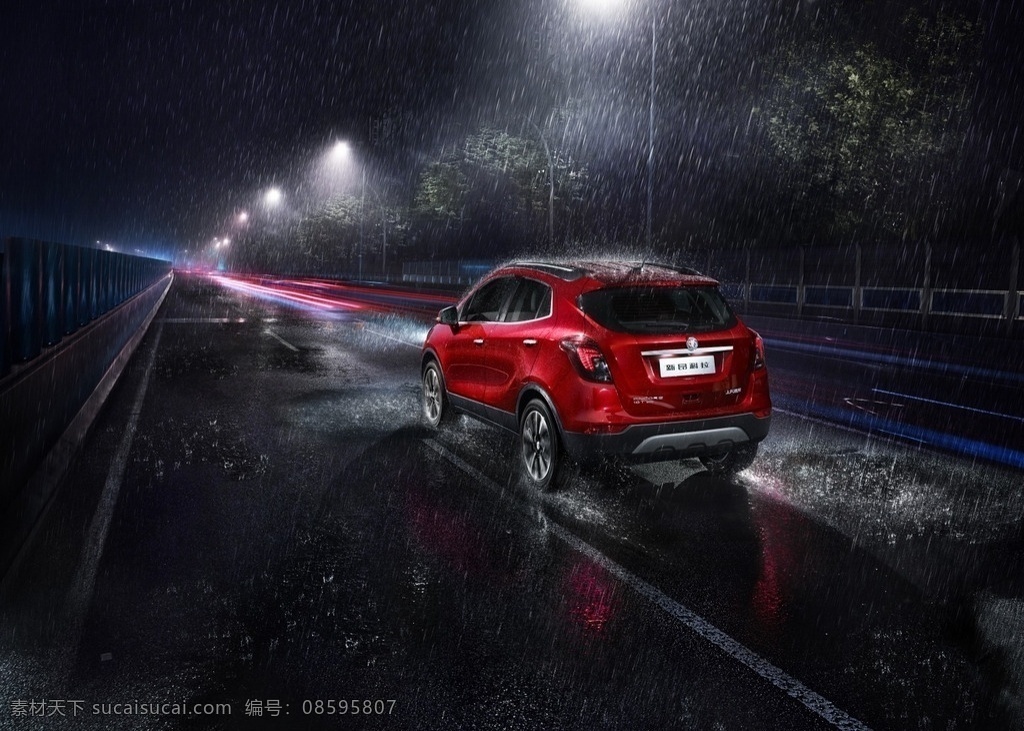 昂 科拉 汽車 廣告 雨夜 篇 通用汽車 gm 別克 buick 昂科拉 encore suv 橫版 海報(bào) 棗紅色車體 45度車尾 疾馳 行車道 高速路 藍(lán)底