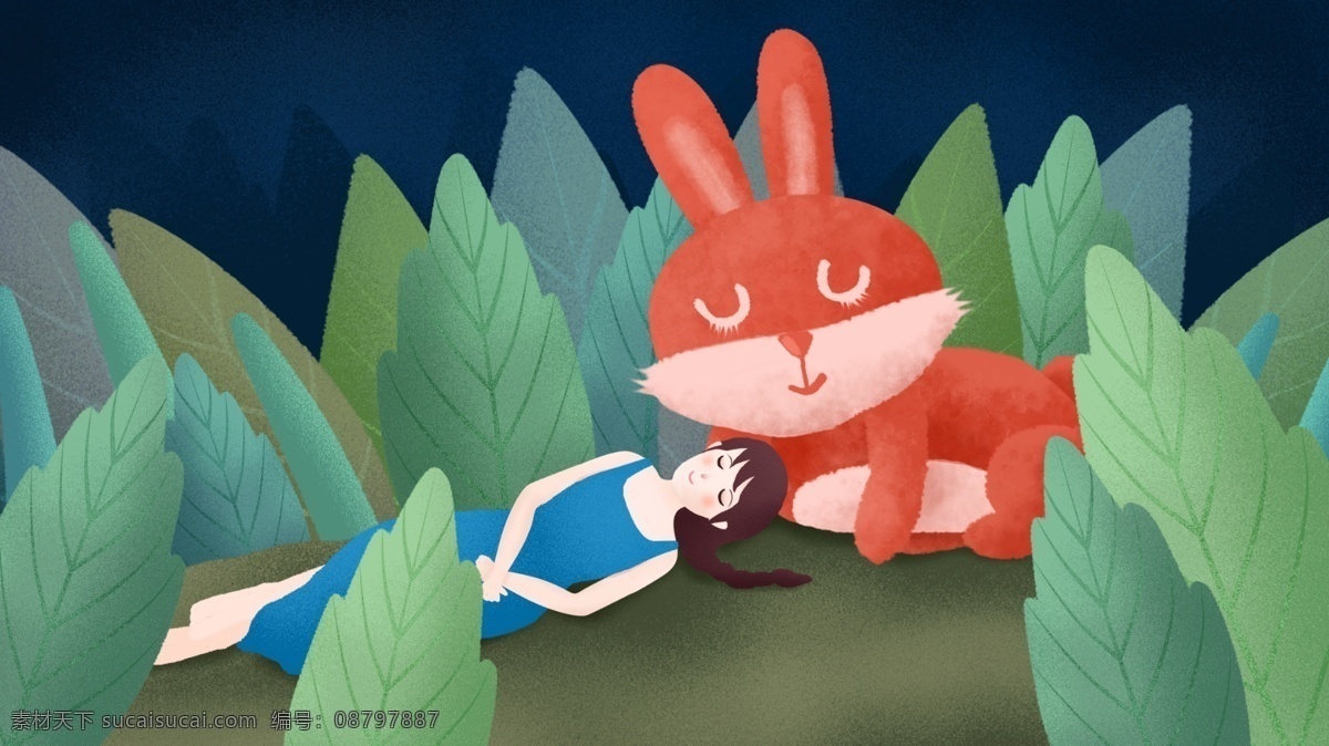 原创 插画 晚安 你好 草丛 里 女孩 兔子 夏季 植物 动物 夏天 夜晚