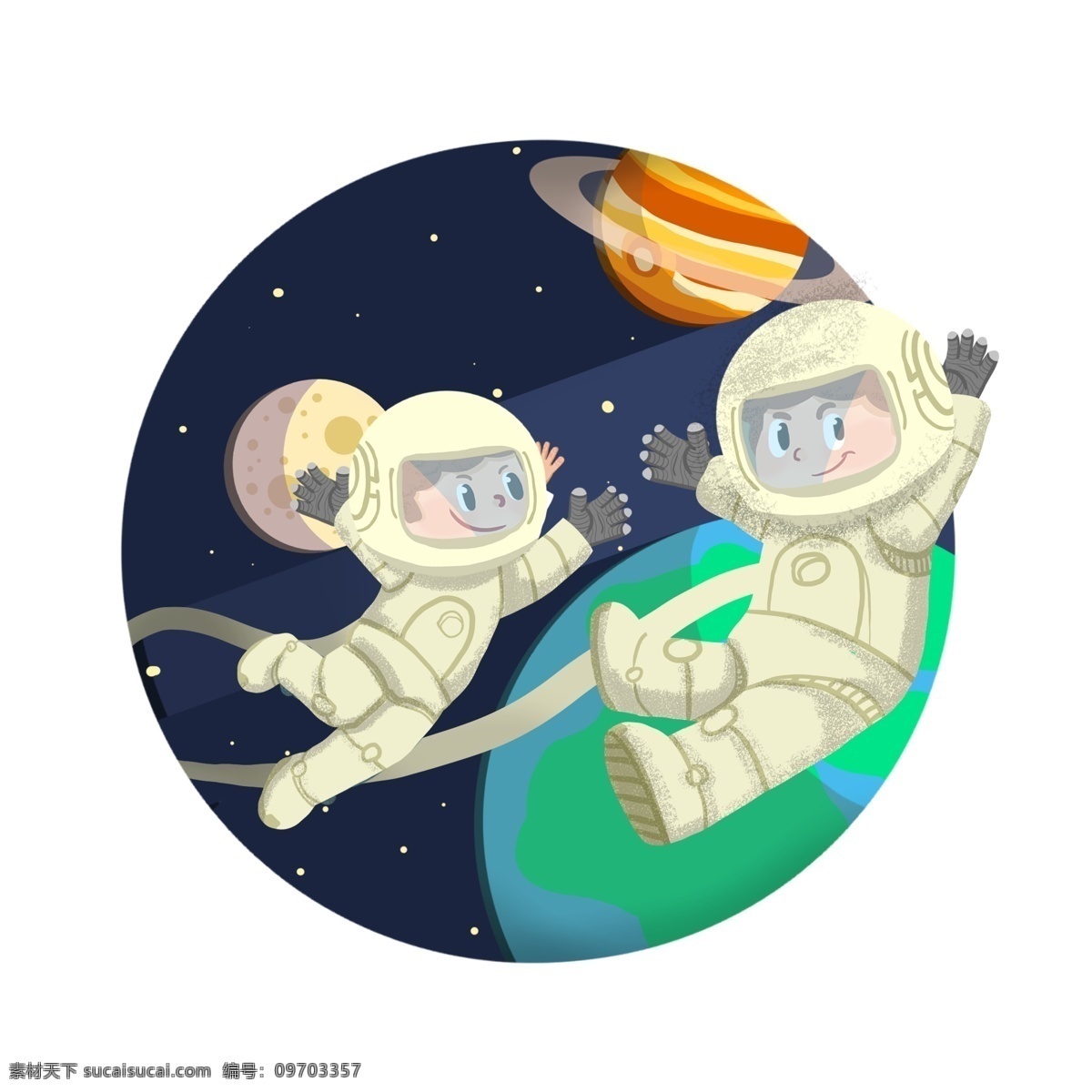 无尽 太空 步行者 手绘 卡通的 卡通的人物 可爱的 小男孩 宇航员 太空人 太空漫步 宇宙 地球