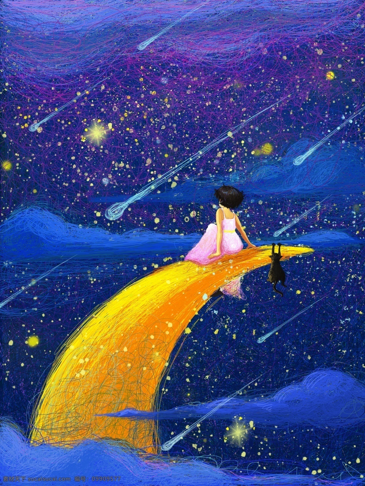 線圈 治愈 星空 下 貓咪 看 星星 清新 插畫 唯美 可愛 流星 月亮 手繪素材 微 信 博 手機(jī) 配 圖 創(chuàng)意手繪 卡通 漫畫風(fēng)格