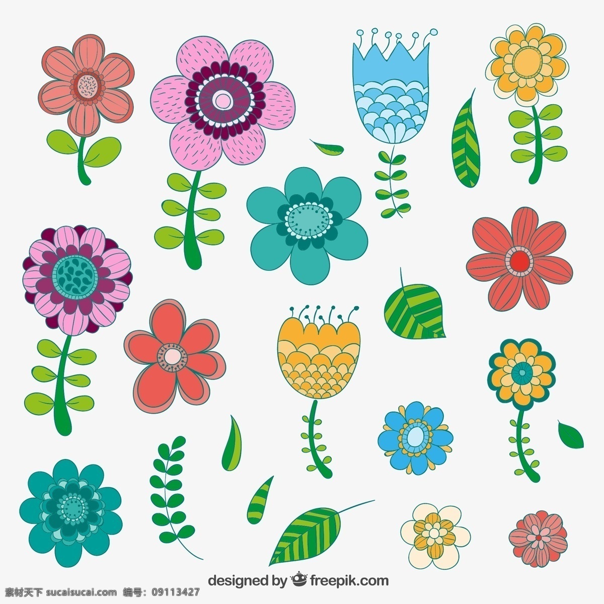 缤纷 卡通 花朵 树叶 叶子 花卉 矢量图 矢量 高清图片