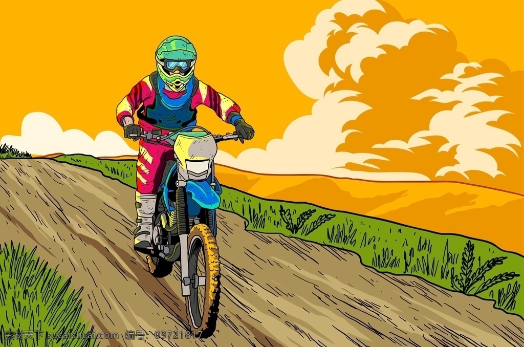 手绘 矢量 摩托车 赛车 手 乡村 赛车手 动漫动画