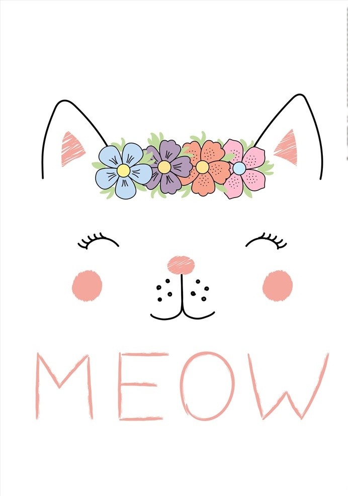 可爱 卡通 猫咪 矢量图 服装设计 男装设计 女装设计 箱包印花 男装印花 女装印花 童装印花 潮流服装印花 潮牌设计 面料印花 布料印花 贴纸图案 卡通动物 手绘动物 可爱动物 手绘卡通动物 可爱卡通动物 童装卡通印花 小猫 卡通猫咪 白猫 小奶猫 植物花朵花卉 花瓣 花蕊 花心 笑脸 表情 睫毛 眼睫毛 可爱猫咪 矢量图案共享