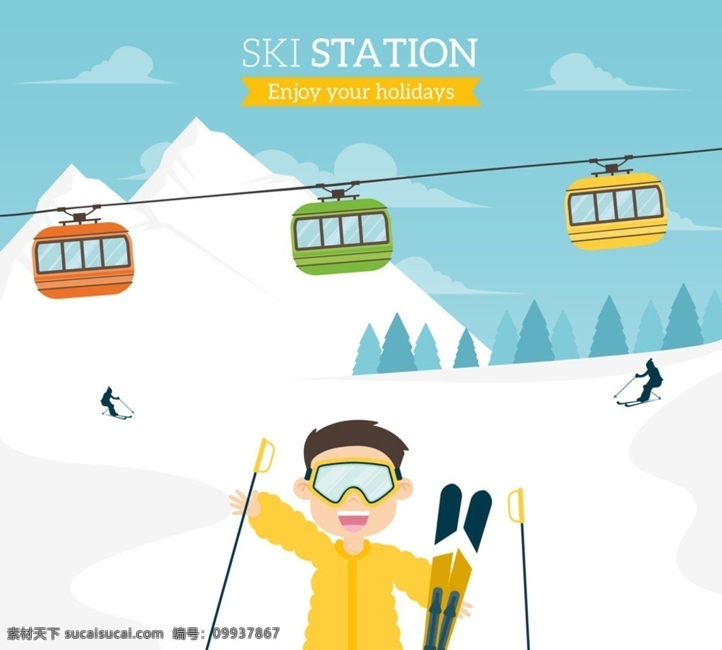 创意 度假 滑雪 男子 雪地 冬季 滑雪场 树木 人物 滑雪缆车 人物图库 男性男人