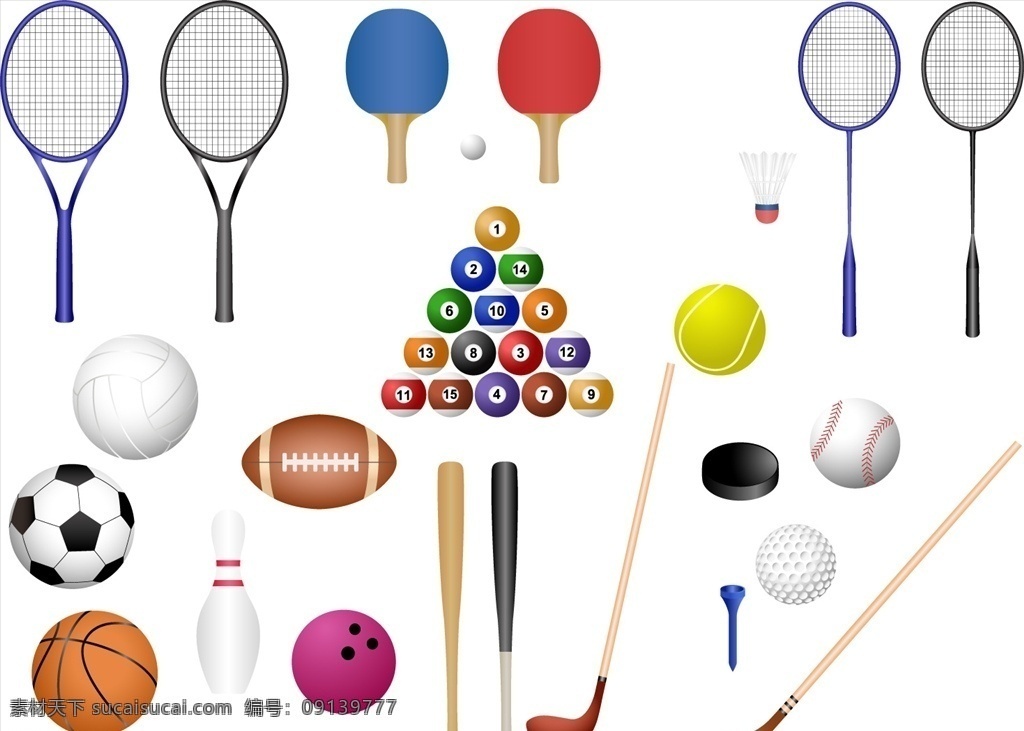 运动器材球类 矢量 手绘 球类 运动器材 乒乓球 羽毛球 网球 篮球 足球 排球 高尔夫球 台球 图案 元素