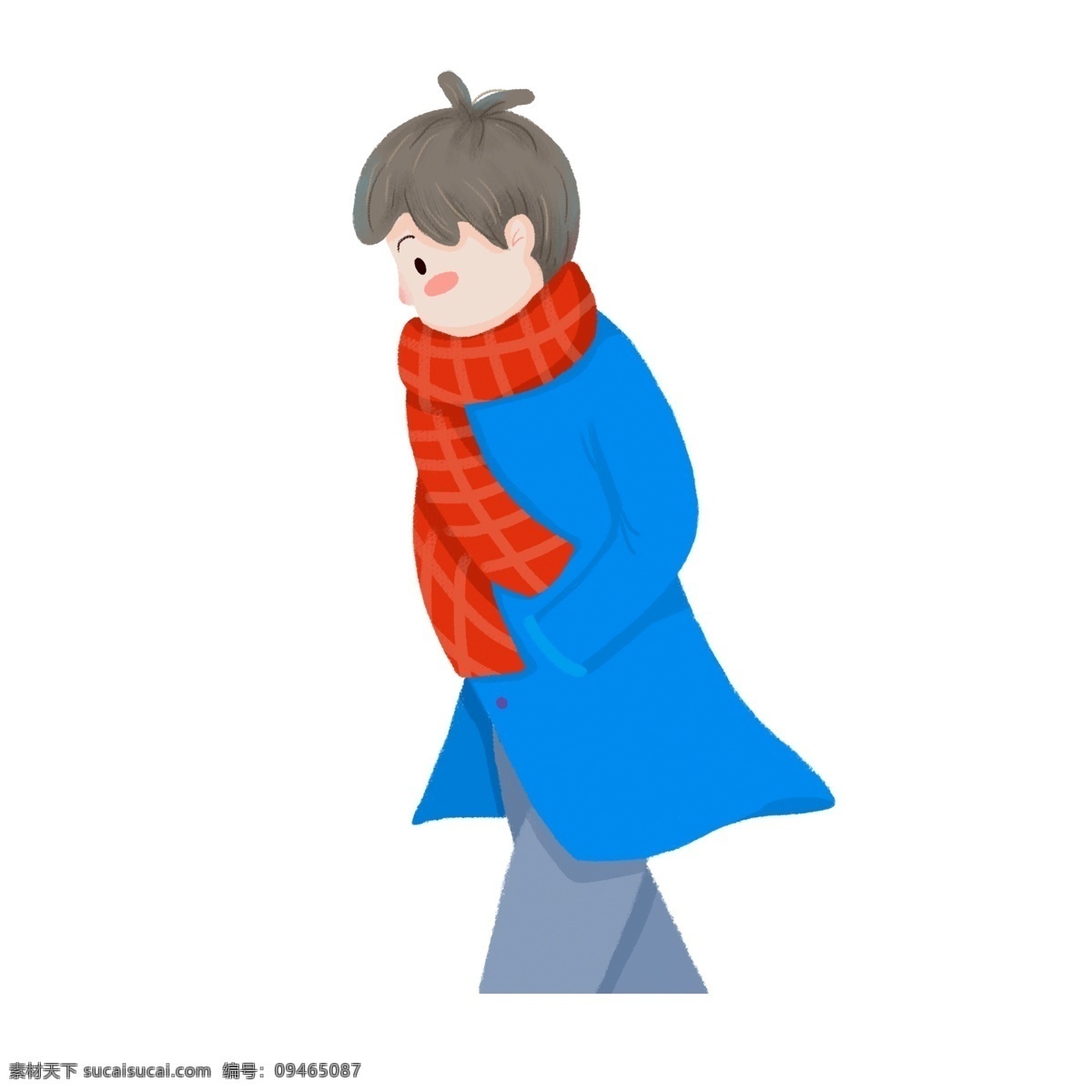 冬季 行走 男子 卡通 元素 走路 大衣 紅色圍巾