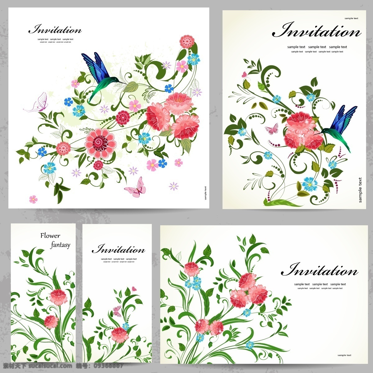 各种 尺寸 彩绘 花卉 邀请 卡 彩绘花卉 贺卡 卡片 矢量图 名片卡 其他名片