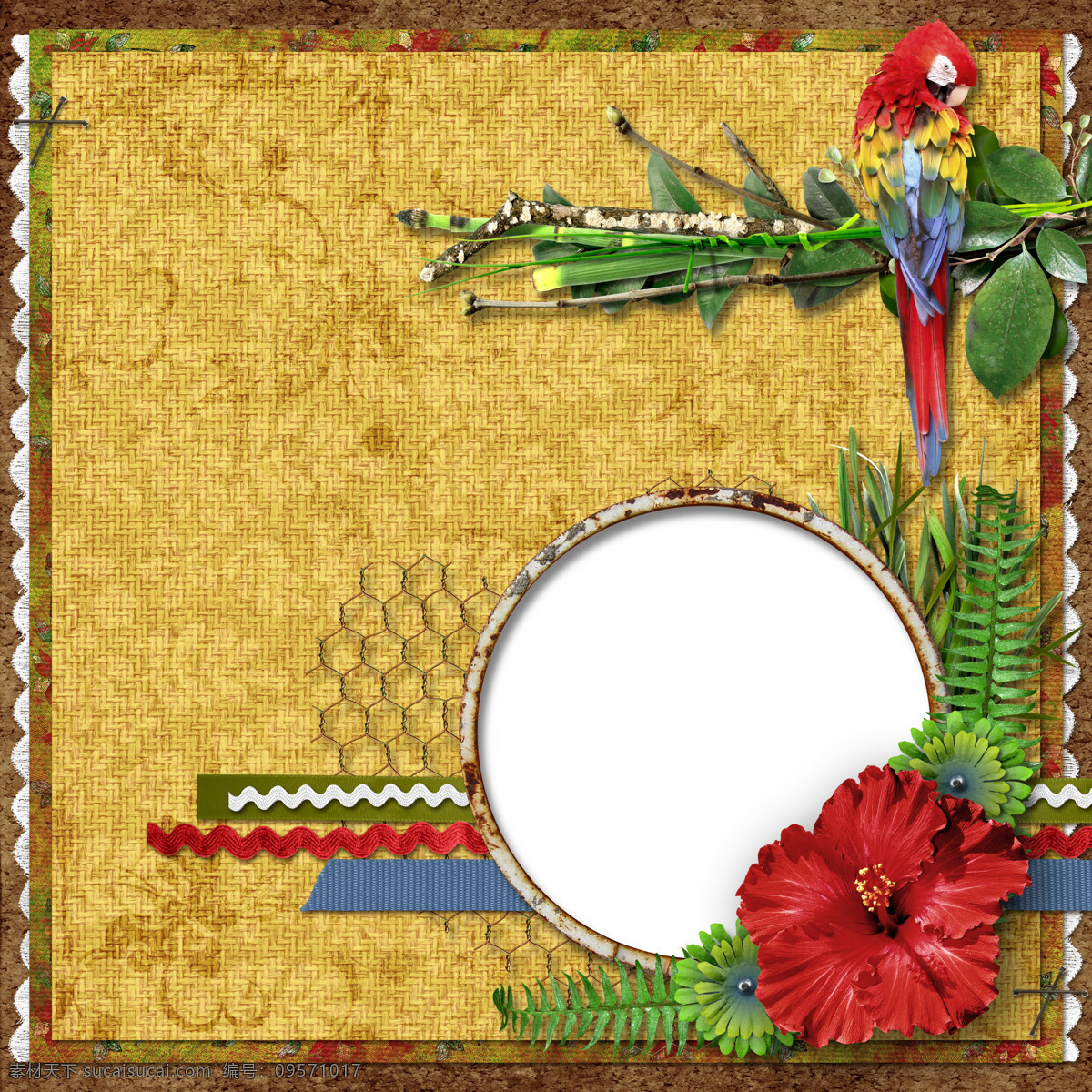 欧式 精美 布艺 装饰 鹦鹉 欧式风格 空白圆画框 红花 树叶 边框相框 底纹边框