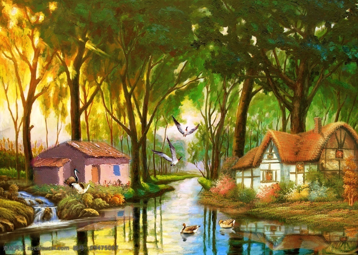 油畫風(fēng)景 山水畫 山水油畫 油畫 油畫山水 風(fēng)景畫 風(fēng)景油畫 碧水 河流 湖泊 流水 瀑布 房子 茅屋 鴨子 鵝 仙鶴 大雁 海鷗 樹 大樹 樹林 松樹 紅葉樹 黃葉樹 鮮花 綠草 朝霞 霞光 彩霞 輝煌 燦爛 流水生財(cái) 世外桃園 風(fēng)景 分層 源文件