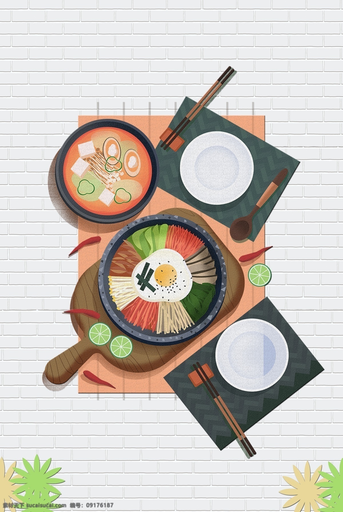 美食海报背景 简约清新 吃货 火锅 美食 简约 组合 扁平 卡通 小清新