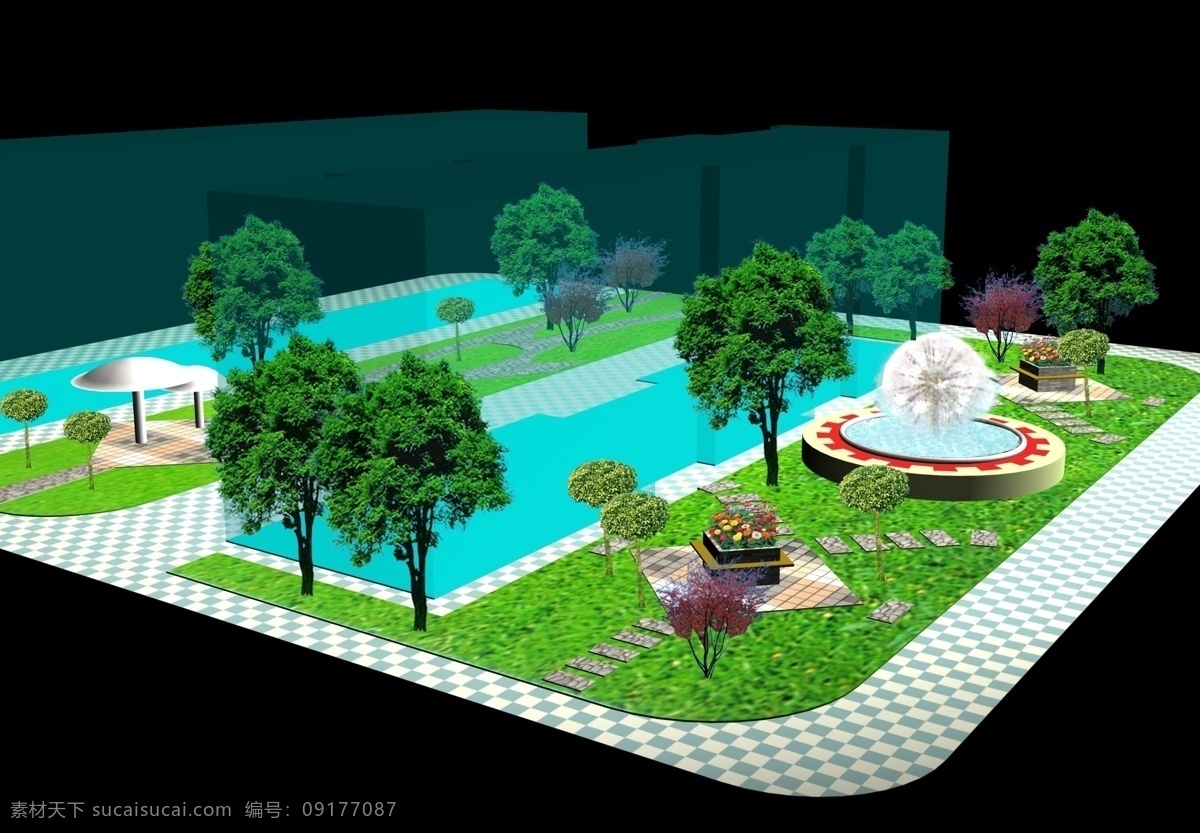 小区 花园 绿化 效果图 喷泉 分层 源文件
