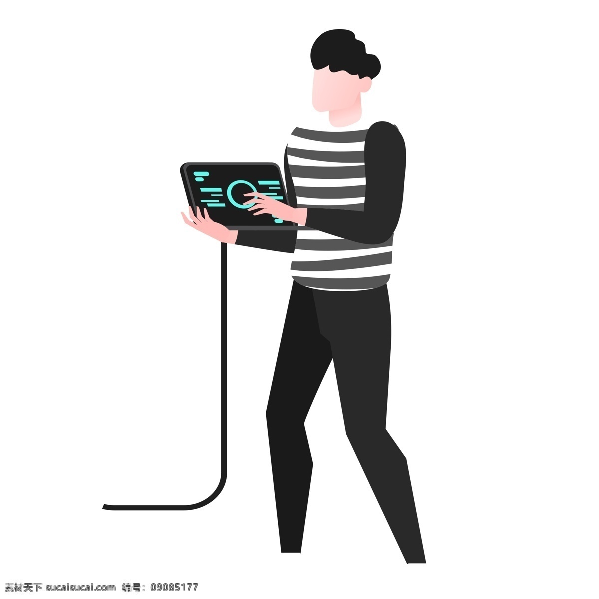 灰色 创意 操作 电脑 男孩 元素 穿着 衣服 服装 可爱 毛衣 卡通插画 线稿 电线 扁平化 科技 科幻