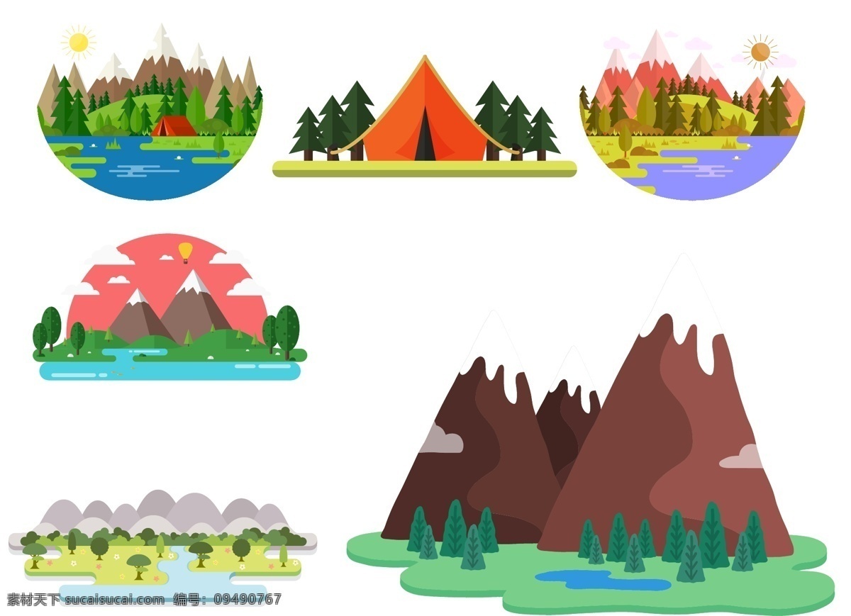 卡通 自然环境 设计素材 树木 云朵 环境 矢量素材 山川 帐篷 湖泊 河流