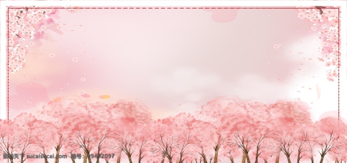 櫻花 粉色 手繪 背景 框架 花朵 樹木 暈染 夢幻