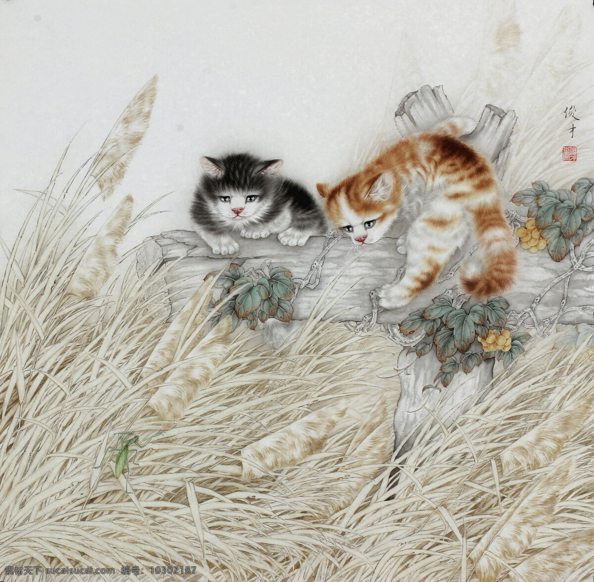 李俊才工笔画 猫趣图 李俊才 工笔画 猫 芦苇 螳螂 绘画书法 文化艺术
