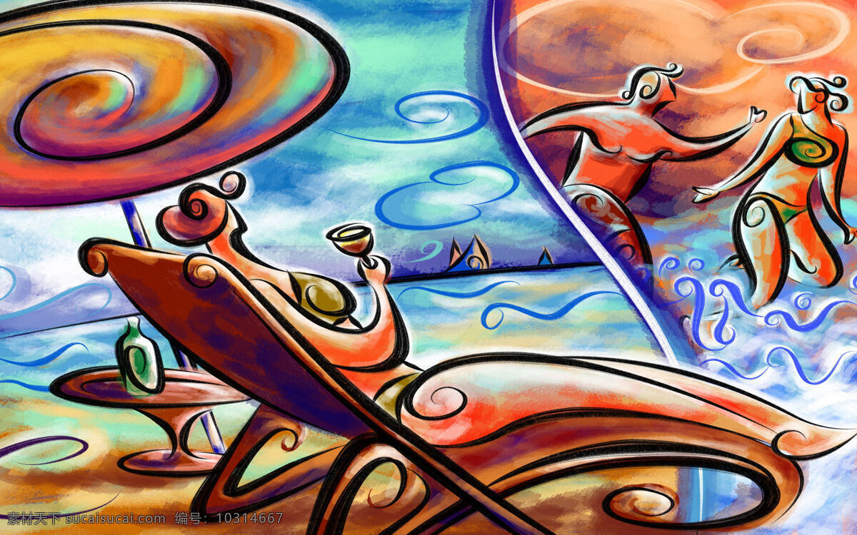 抽象 壁画 抽象壁画 海滩 绘画书法 人 伞 椅子 游泳 文化艺术 psd源文件